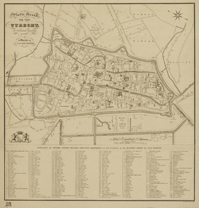 216030 Plattegrond van de stad Utrecht met directe omgeving; met weergave van het stratenplan met bebouwingsblokken en ...